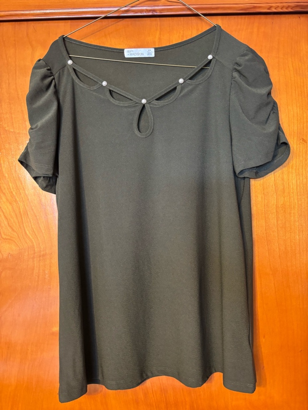 89th & Madison Olive Green Short Sleeve Top with Pearl Accents